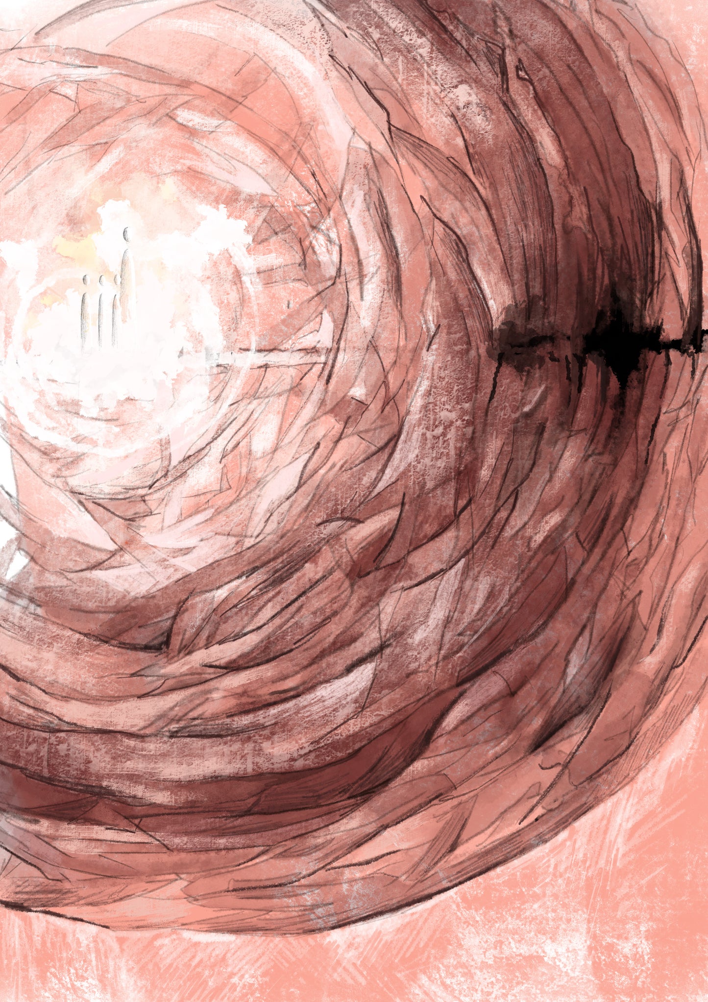 an abstract scene inspired by Daniel 3:17-18. The composition features swirling, fiery textures in shades of red and brown, symbolizing the testing of faith. In the center, faint silhouettes of three figures stand amidst the light, representing the unwavering faith of those who declared allegiance to God despite having everything valuable to lose.
