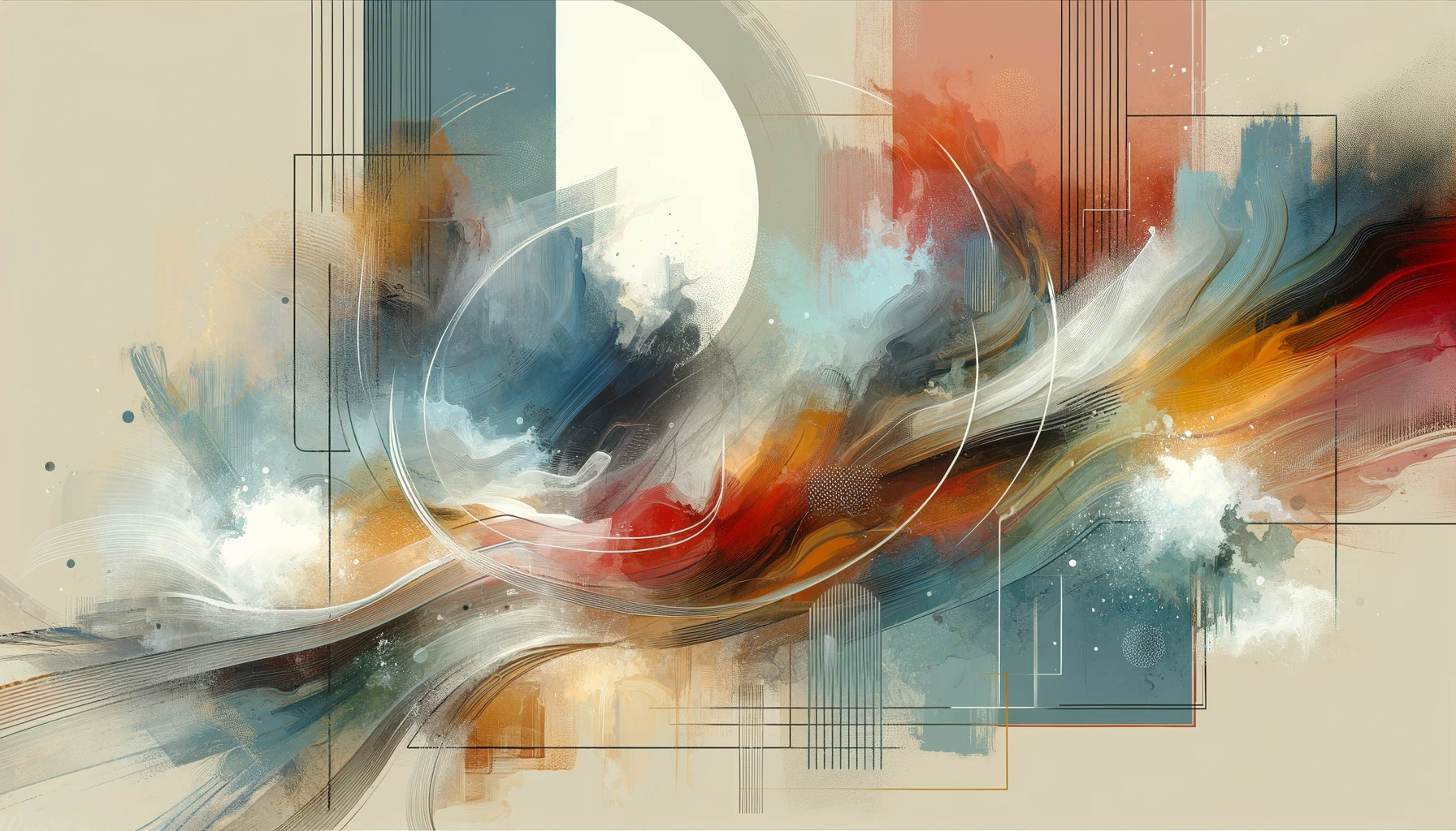 abstract art of yellow, white, blue, and red with lines