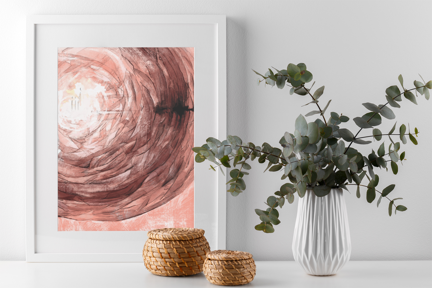 digital art print of an abstract scene inspired by Daniel 3:17-18. The composition features swirling, fiery textures in shades of red and brown. framed in a mock up with vase and white wall background