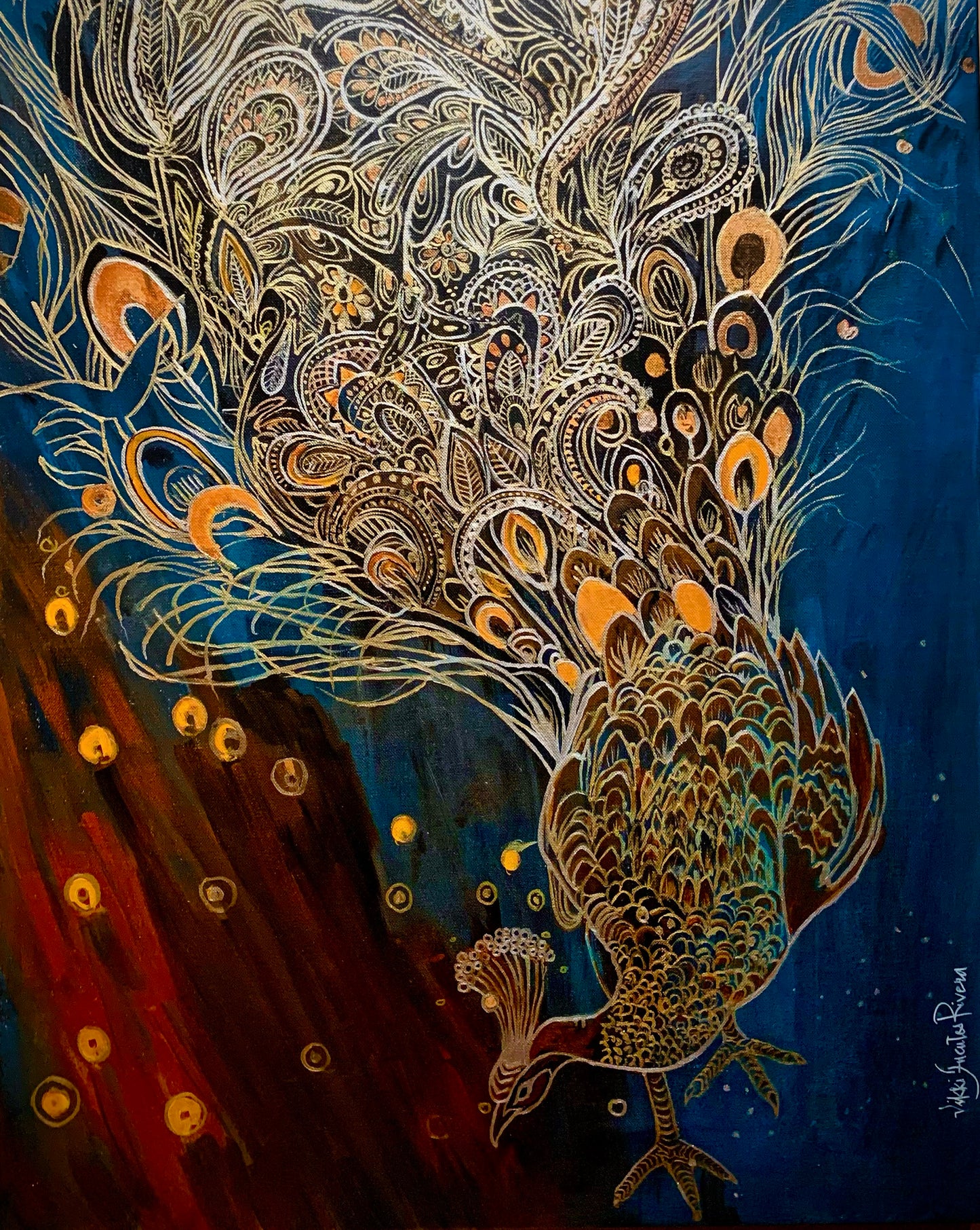 A vibrant acrylic painting by Vikki Rivera titled "Elegance," depicting a peacock with its opulent feathers fanned out. The intricate patterns and rich colors of the peacock stand out against a deep, contrasting background, showcasing the bird's beauty and grace. The painting captures the delicate textures and majestic presence of the peacock.