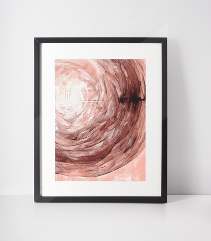 digital art print of an abstract scene inspired by Daniel 3:17-18. The composition features swirling, fiery textures in shades of red and brown. framed in a white wall background