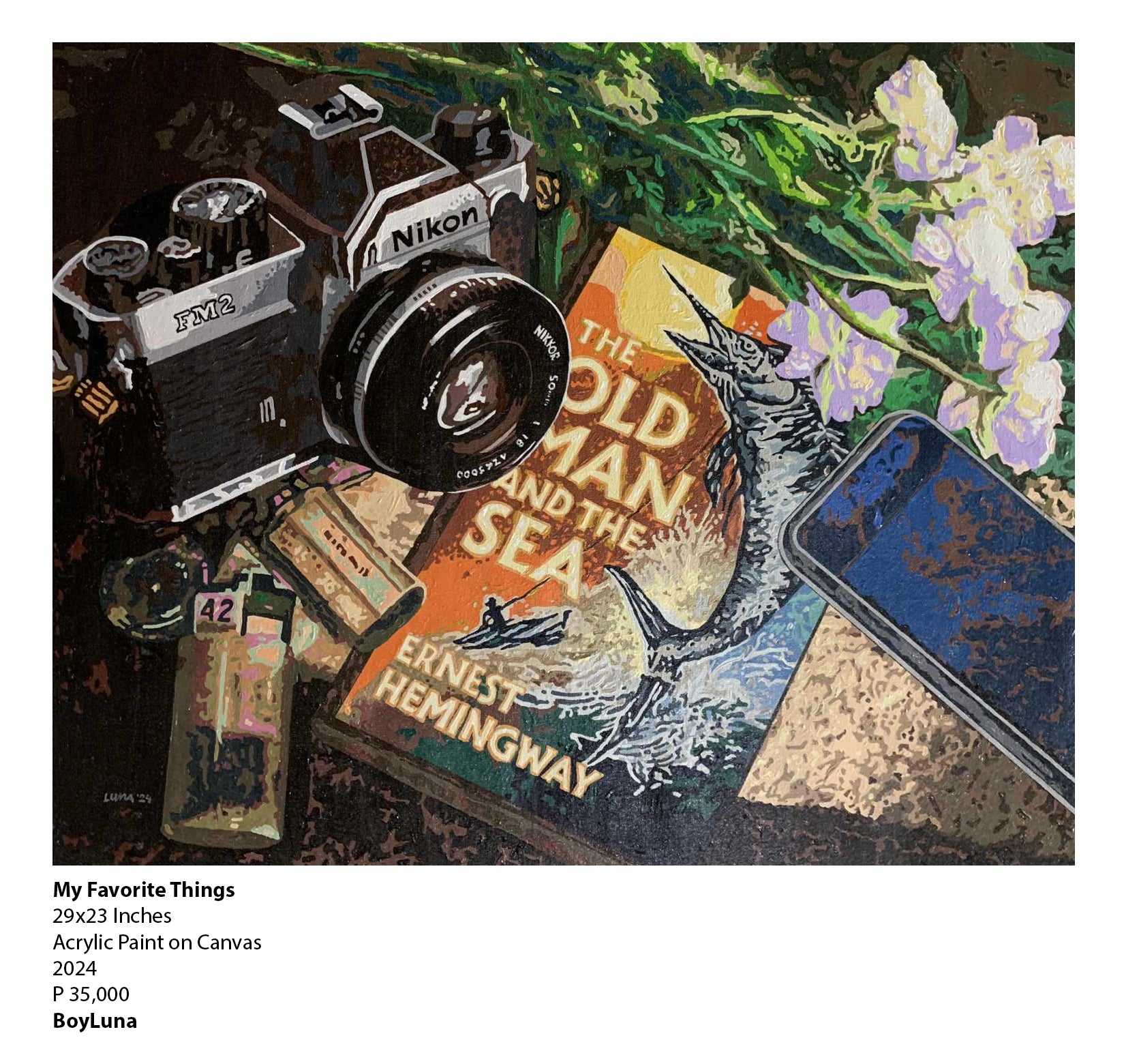 Explore Boy Luna's "My Favorite Things," a 29x23 inch acrylic painting depicting a Nikon FM2 camera, Hemingway’s "The Old Man and the Sea," and a smartphone. Perfect for art lovers, this piece blends nostalgia and modernity in a vibrant, detailed composition.