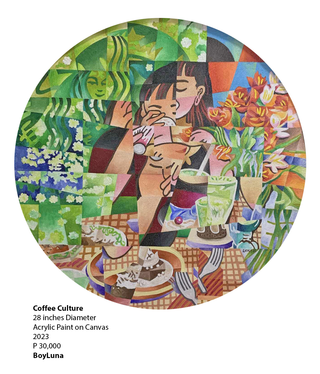 The 28-inch diameter acrylic on canvas artwork captures the essence of Filipinos' love for coffee, with intricate details and rich colors highlighting the joy of coffee gatherings.