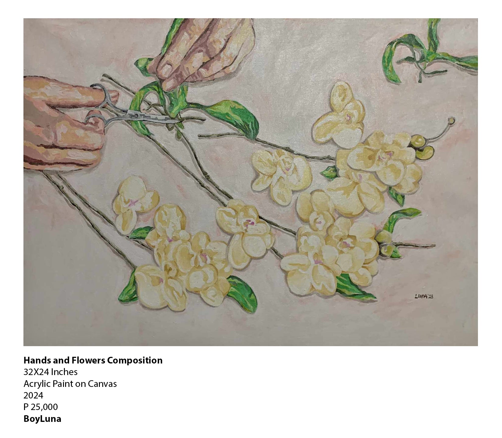 “Hands and Flowers Composition” by Boy Luna is a painting showcasing the Filipino tradition of making Sampaguita garlands. This artwork beautifully captures hands arranging these fragrant flowers, reflecting the cultural and spiritual significance of this practice commonly seen outside churches in the Philippines.