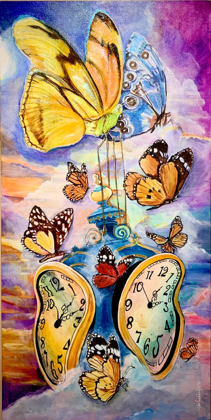 A vibrant painting titled "Timeless Flight" featuring colorful butterflies in flight surrounded by surreal melting clocks against a dreamy, multicolored sky. The artwork symbolizes the delicate passage of time, blending nature and surrealism.